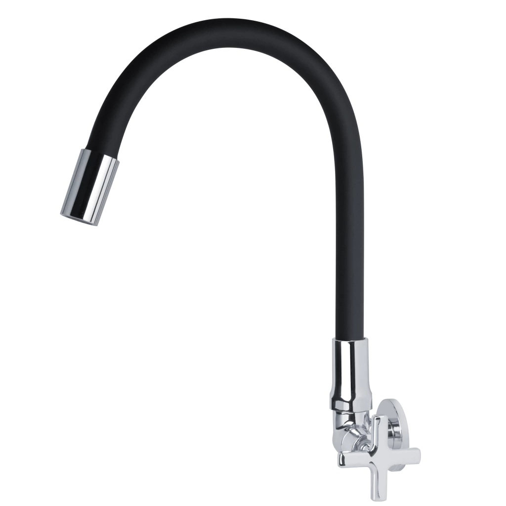 Torneira Gourmet Cozinha Parede Bica Flexível Preta Corpo Cromado C29 1/4 de Volta