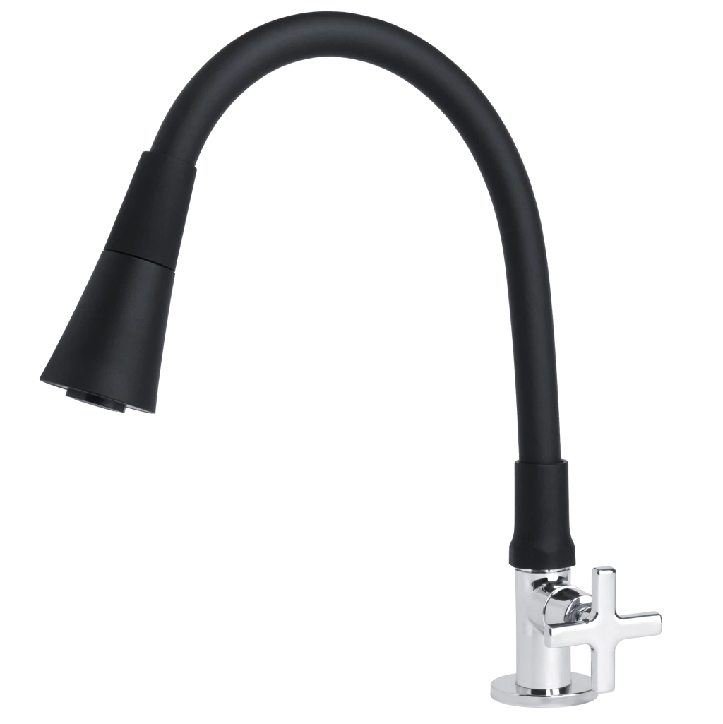 Torneira Gourmet Cônica Cozinha Mesa Bica Flexível Preta Corpo Cromado C29 1/4 de Volta