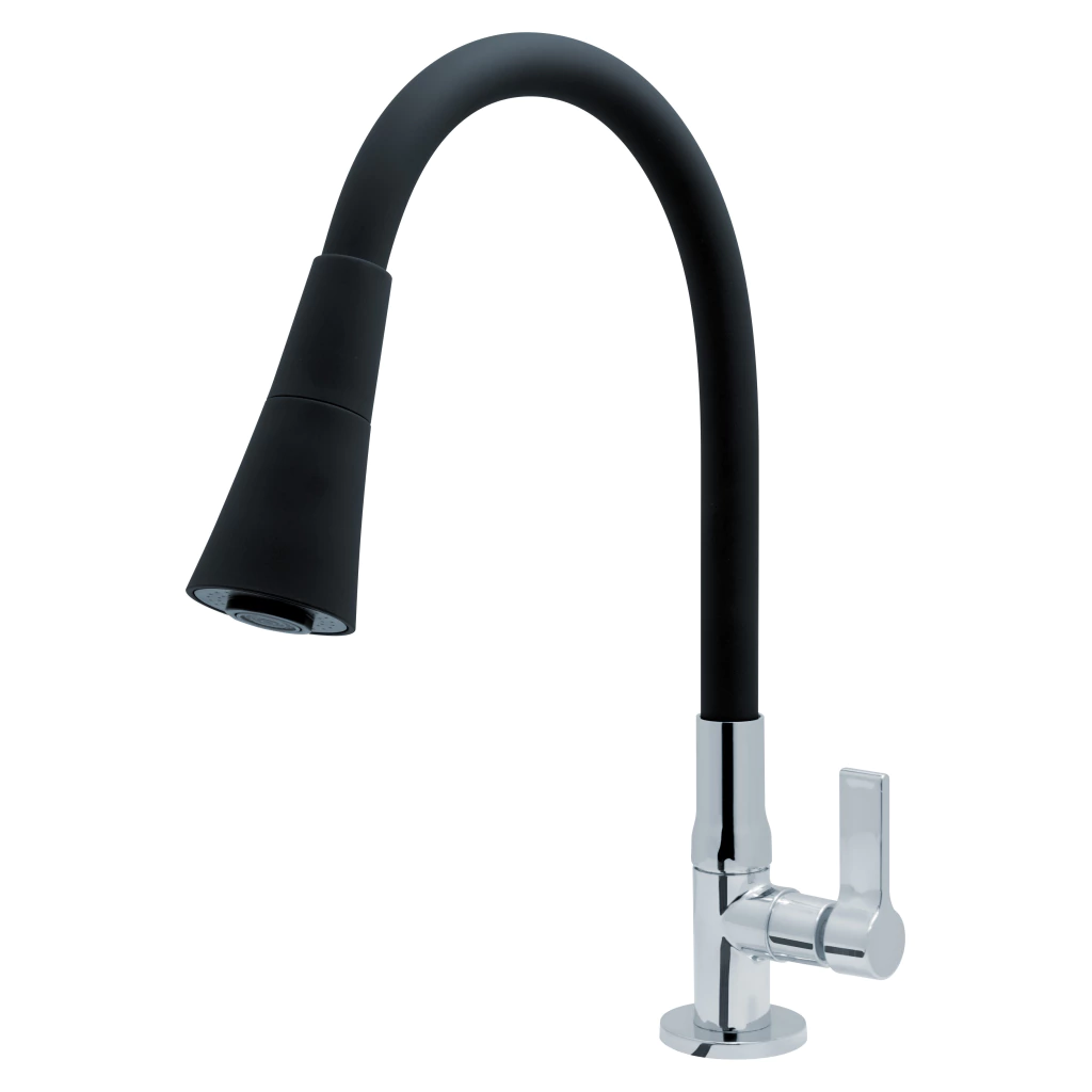 Torneira Gourmet Cônica Cozinha Mesa Bica Flexível Preta Corpo Cromado C70 1/4 de Volta