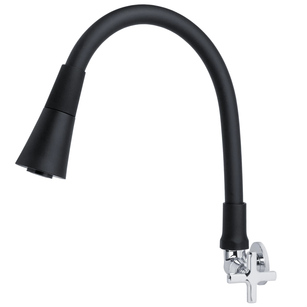 Torneira Gourmet Cônica Cozinha Parede Bica Flexível Preta Corpo Cromado C29 1/4 de Volta