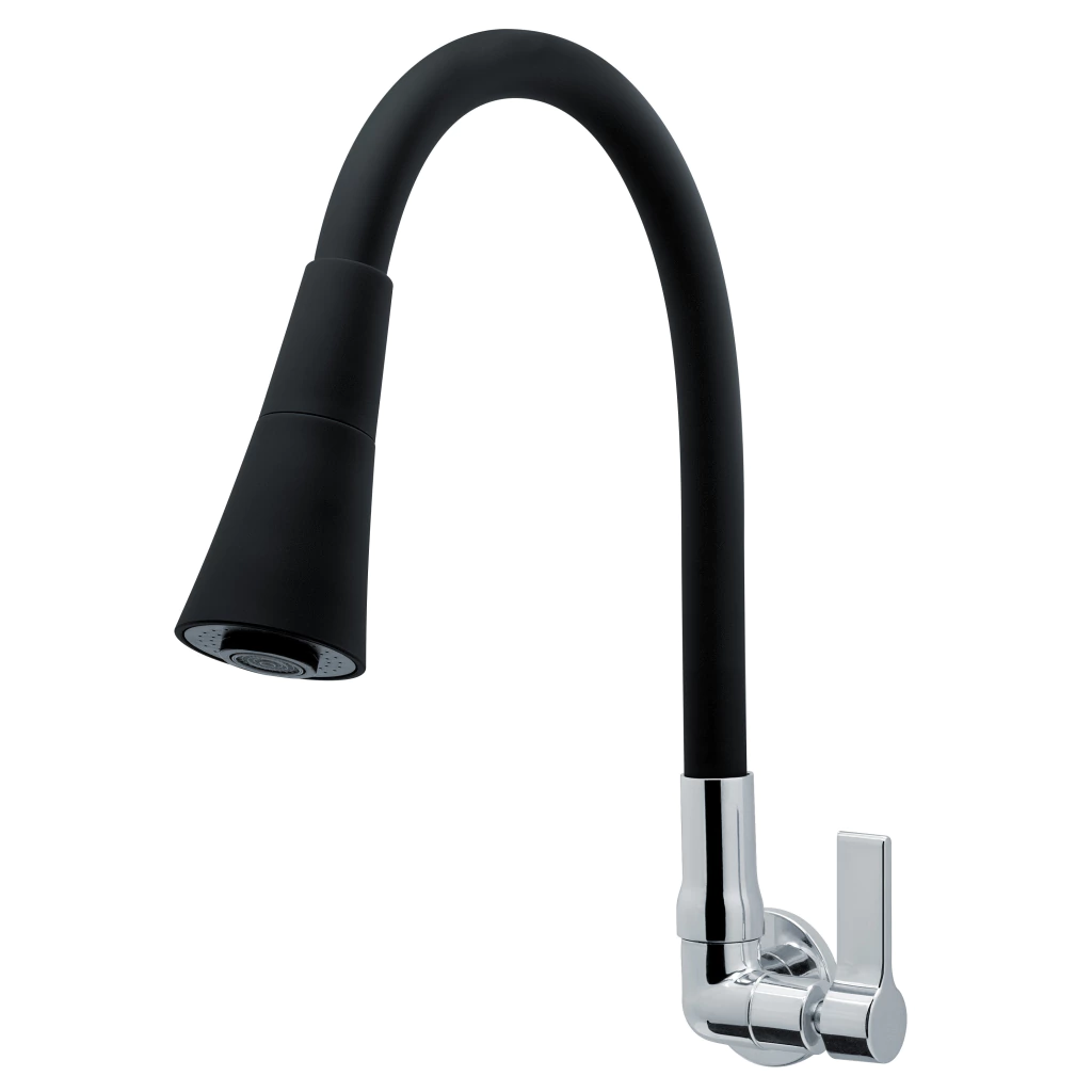 Torneira Gourmet Cônica Cozinha Parede Bica Flexível Preta Corpo Cromado C70 1/4 de Volta